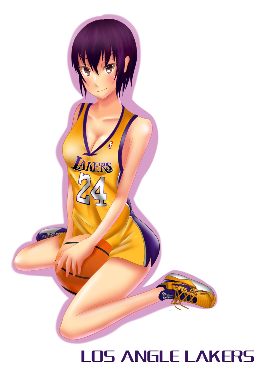 1girl, ball, basketball, basketball_uniform, breasts, brown_eyes, cleavage, full_body
