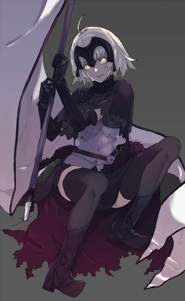 1girl, ahoge, armor, artoria_pendragon_alter_(fate/grand_order), black_legwear, breastplate, capelet, constricted_pupils