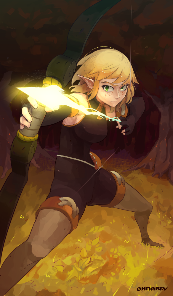 1girl, aiming, arrow, black_gloves, blonde_hair, boots, bow_(weapon), breasts