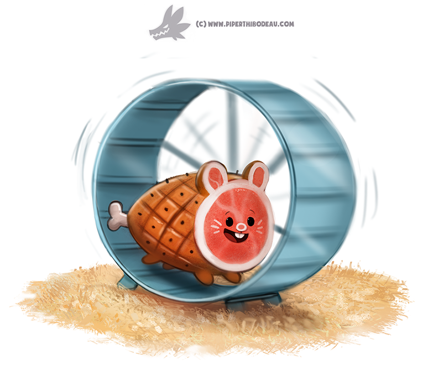 :d, boned_meat, creature, cryptid_creations, food, full_body, hamster, hamster_wheel, meat, motion_blur, motion_lines, no_humans, open_mouth, original, pun, running, simple_background, smile, straw_(stalk), teeth, watermark, web_address, whiskers, white_background