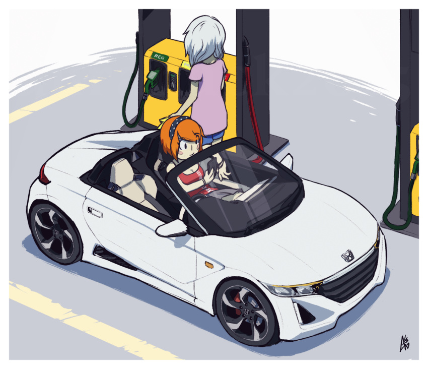 2girls, black_eyes, blush_stickers, bracelet, breasts, car, cellphone, cleavage, erica_lahaie, from_above, gas_station, hairband, honda_s660, jewelry, motor_vehicle, multiple_girls, orange_hair, original, phone, short_hair, short_shorts, shorts, signature, silver_hair, sitting, smartphone, smile, tank_top, vehicle, white_border