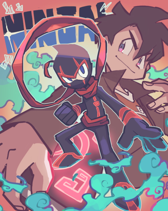 1boy, arrow, blue_eyes, dual_persona, hono1212, jacket, male_focus, mask, ninja, projected_inset, randy_cunningham, randy_cunningham:_9th_grade_ninja, red_scarf, scarf, shirt, smoke, t-shirt
