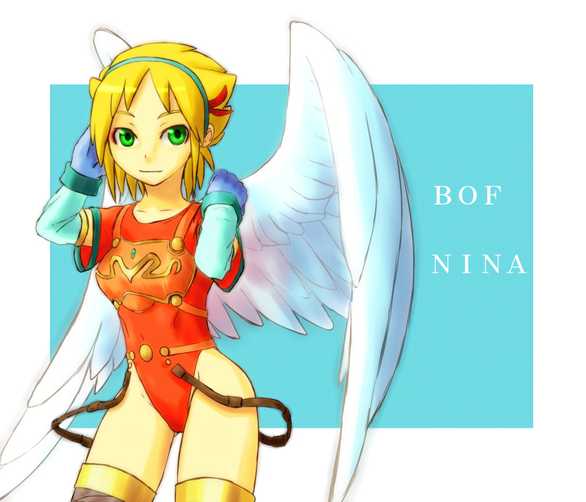 1girl, angel_wings, armor, blonde_hair, boots, breasts, breath_of_fire, breath_of_fire_i