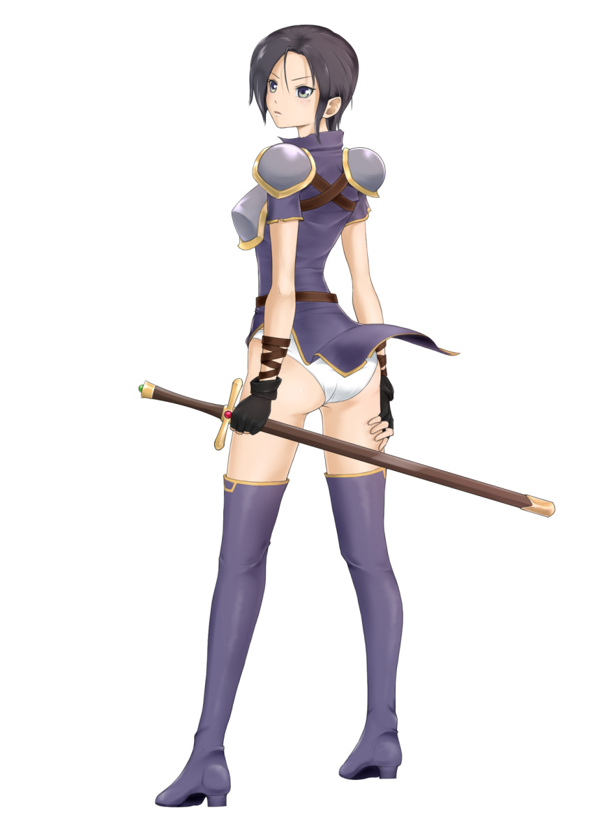 1girl, armor, ass, black_hair, boots, breastplate, dress, fingerless_gloves, fire_emblem, fire_emblem:_seisen_no_keifu, gloves, grey_eyes, highres, looking_to_the_side, panties, pantyshot, pantyshot_(standing), radney_(fire_emblem), short_dress, short_hair, side_slit, solo, standing, sword, thigh-highs, thigh_boots, underwear, weapon, white_panties, wind, wind_lift