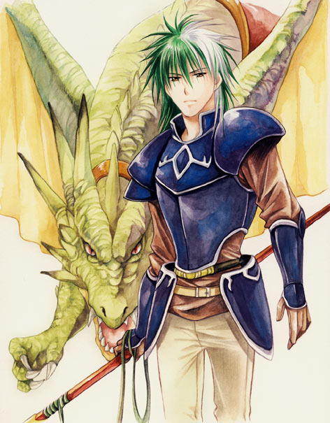 1boy, agahari, armor, dragon, fire_emblem, fire_emblem:_rekka_no_ken, gauntlets, gloves, green_hair, heath, multicolored_hair, open_mouth, polearm, red_eyes, solo, spear, two-tone_hair, weapon, white_hair, yellow_eyes