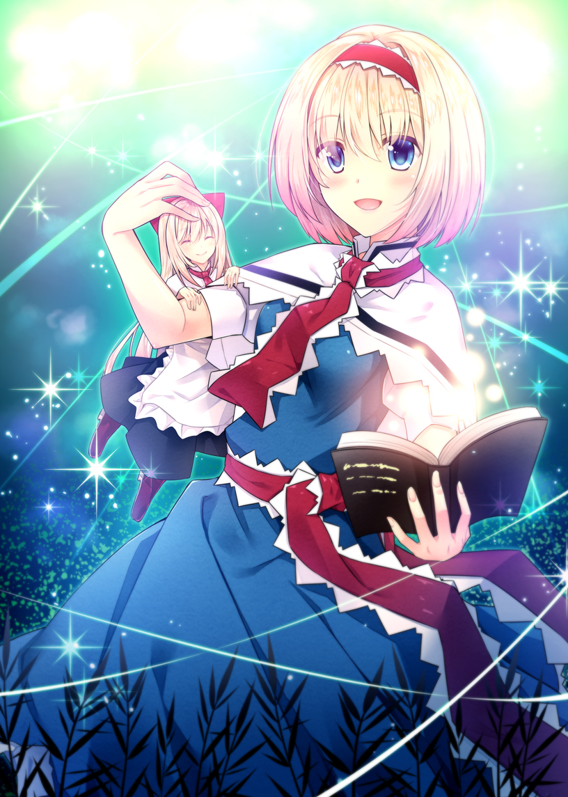 2girls, ^_^, akane_hazuki, alice_margatroid, apron, belt, blonde_hair, blue_dress