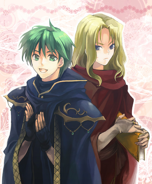 2boys, blonde_hair, blue_eyes, book, cape, ellerean, fingerless_gloves, fire_emblem