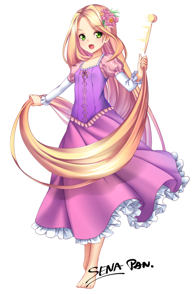 1girl, absurdly_long_hair, barefoot, blonde_hair, cross-laced_clothes, disney, dress, fang