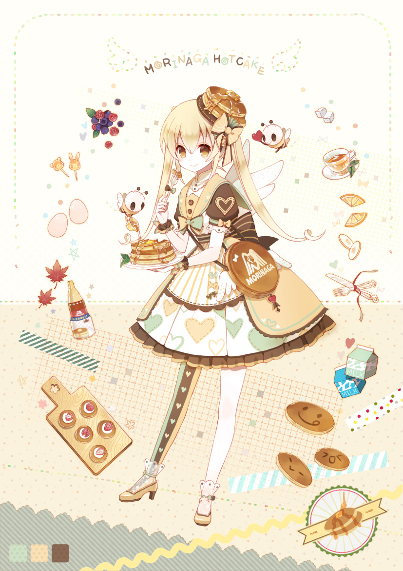 >_<, 1girl, :>, :d, :q, bag, bee, blonde_hair, blueberry, bottle, bow, butter, closed_eyes, company_name, cup, dress, egg, food, food_as_clothes, food_themed_clothes, fork, fruit, full_body, hat, heart_print, high_heels, holding, holding_fork, knife, leaf, long_hair, maple_leaf, milk_carton, open_mouth, orange, orange_slice, original, pancake, personification, plate, puffy_short_sleeves, puffy_sleeves, raspberry, rednian, saucer, shoes, short_sleeves, smile, solid_oval_eyes, stack_of_pancakes, syrup, teacup, tongue, tongue_out, twintails, very_long_hair, white_wings, wings, wrist_cuffs, yellow_eyes