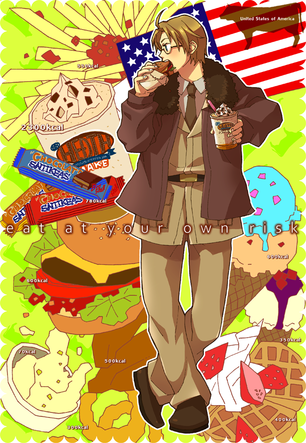 ahoge, america, america_(hetalia), american_flag, axis_powers_hetalia, blonde_hair, bomber_jacket, chocolate