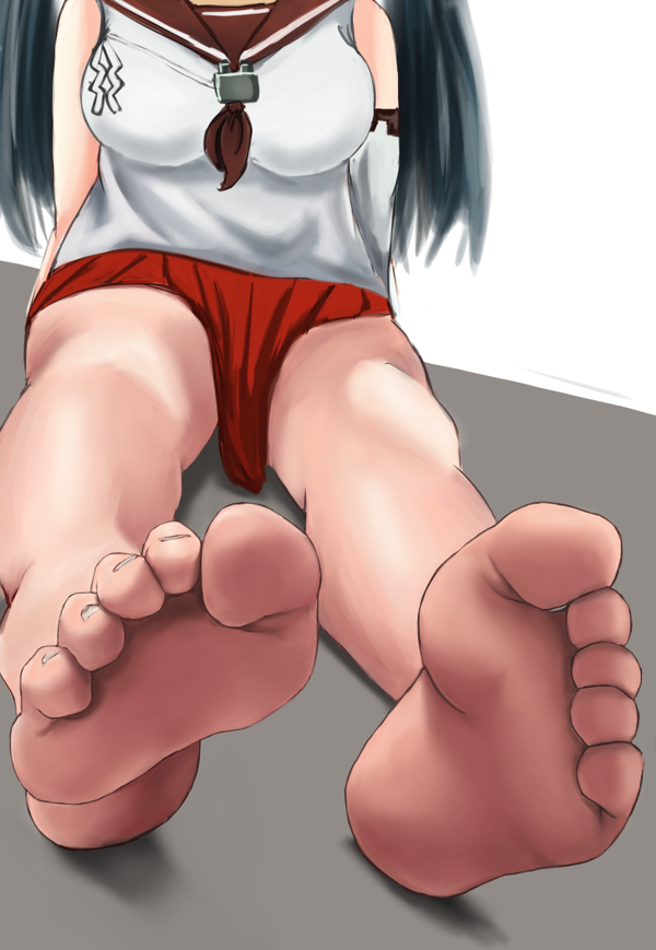 1girl, aaaaa_(nanyanen95), bare_legs, barefoot, black_hair, breasts, close-up, detached_sleeves