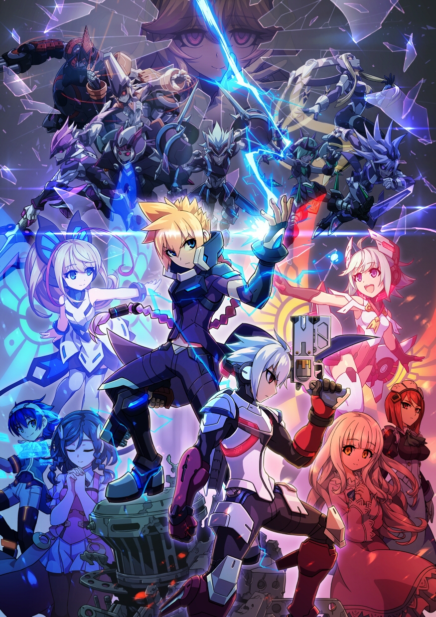 acura_(gunvolt), azure_striker_gunvolt_2, blonde_hair, blue_eyes, blue_hair, character_request, cyan_(gunvolt), gun, gunvolt, highres, lightning, official_art, roro_(gunvolt), violet_eyes, weapon, white_hair