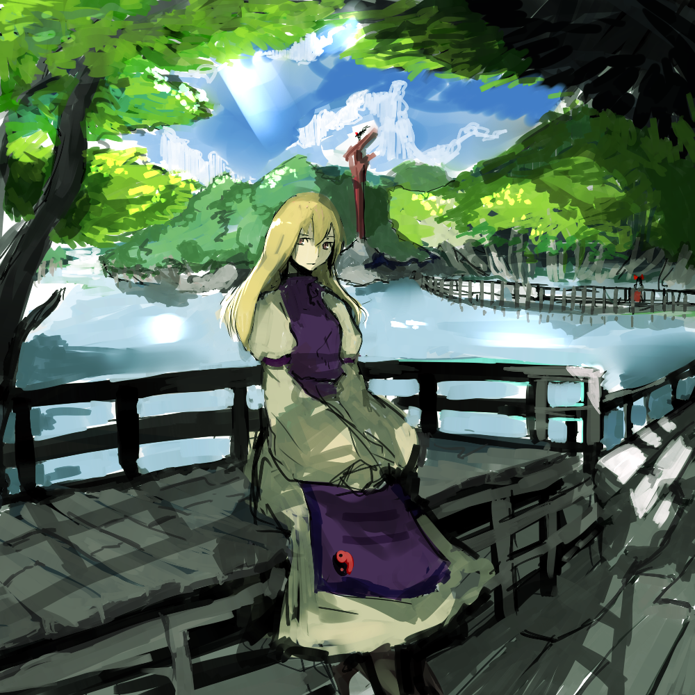 bad_id, blonde_hair, chair, hakurei_reimu, long_hair, ribbon, shameimaru_aya, sky