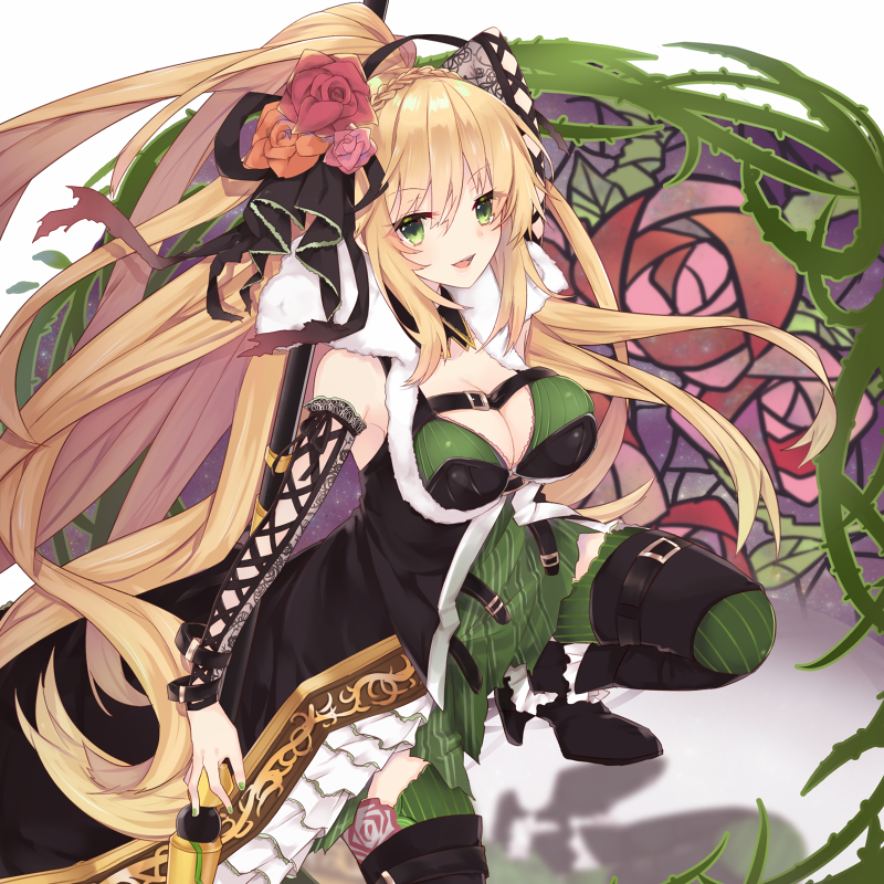 1girl, :d, bangs, belt, black_boots, black_ribbon, blonde_hair, boots