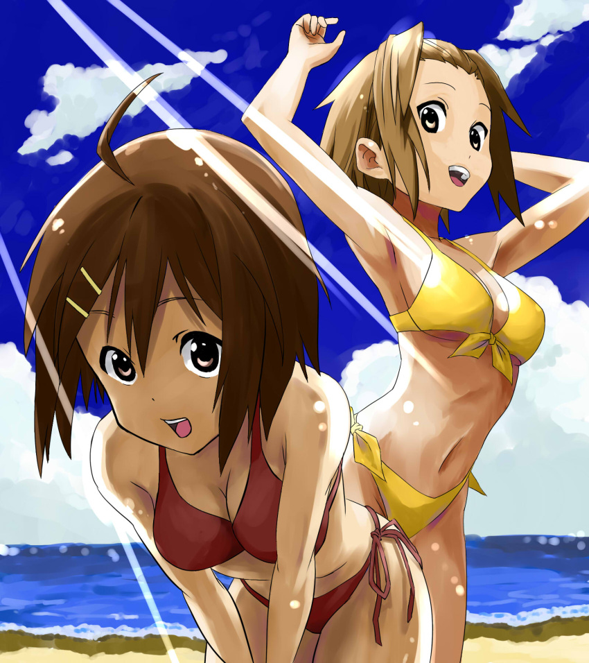 ahoge, armpits, arms_up, bad_id, beach, bent_over, bikini, breasts