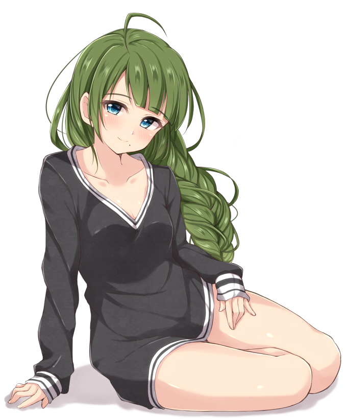 1girl, blue_eyes, braid, green_hair, jiino, kantai_collection, long_hair, smile