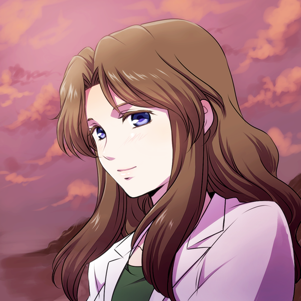 1girl, blue_eyes, brown_hair, clouds, labcoat, lips, long_hair, shiny