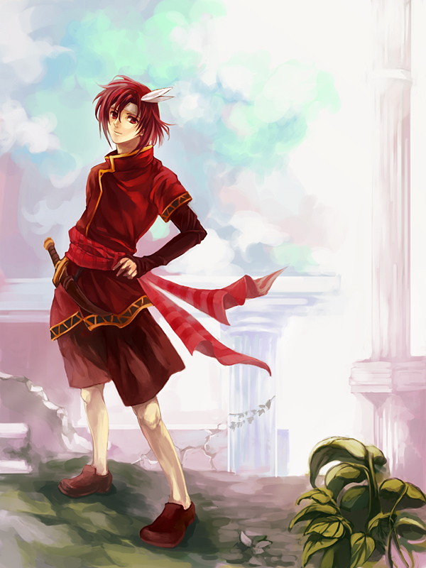 1boy, cheine, clouds, dagger, feathers, fire_emblem, fire_emblem:_mystery_of_the_emblem, headband