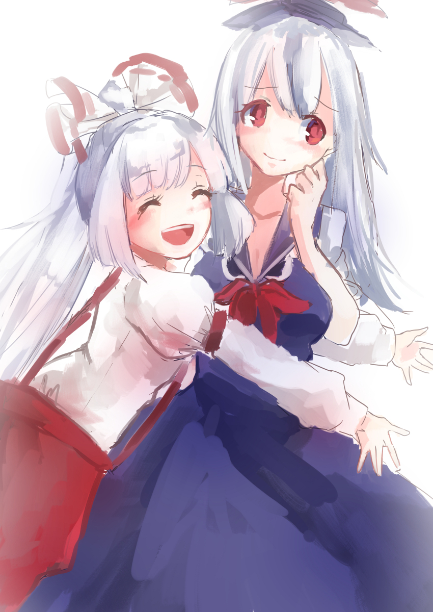 2girls, fujiwara_no_mokou, highres, kamishirasawa_keine, multiple_girls, pants, shirt, silver_hair