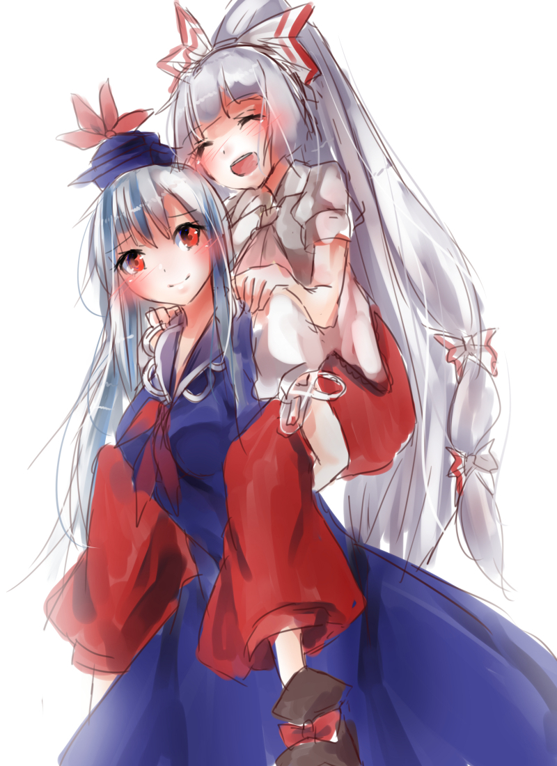 2girls, fujiwara_no_mokou, kamishirasawa_keine, multiple_girls, pants, shirt, silver_hair, touhou