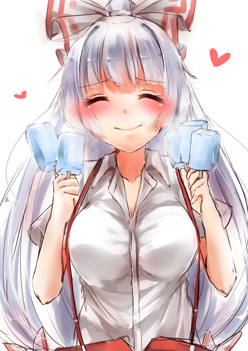 1girl, bow, closed_eyes, fujiwara_no_mokou, gari_gari-kun, hair_bow, heart, long_hair