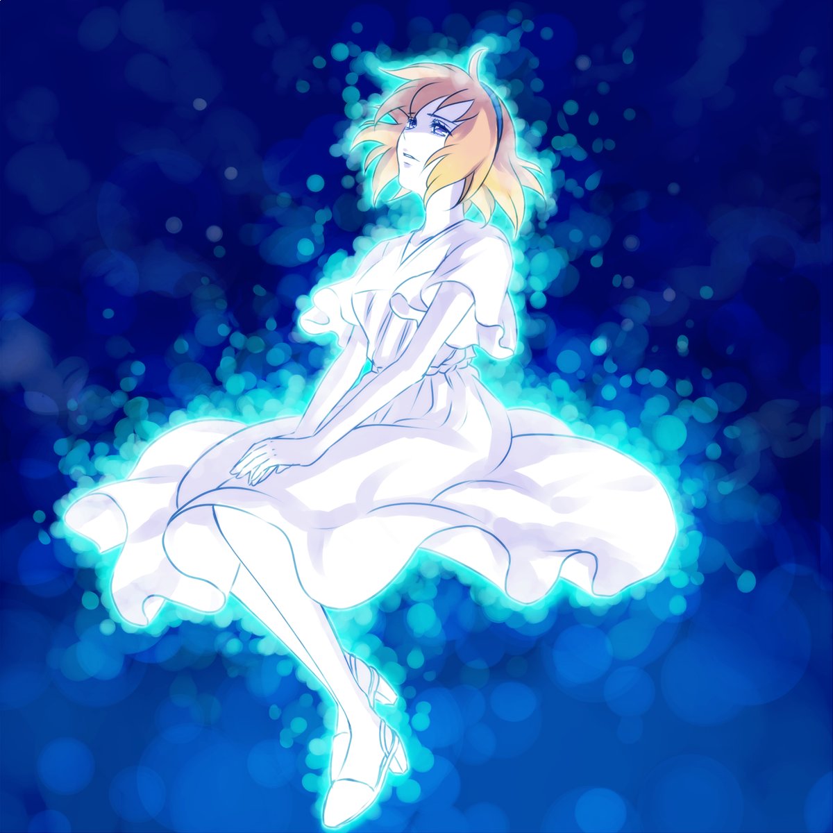 1girl, blue_eyes, breasts, canon_memphis, dress, glowing, hairband, highres
