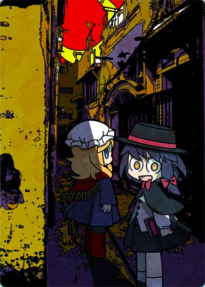 2girls, alley, blonde_hair, bow, bowtie, brown_hair, capelet, chibi, dr.latency's_freak_report, dress, hair_bow, hat, hat_bow, hat_ribbon, long_hair, maribel_hearn, mob_cap, multiple_girls, natsuno_riku, open_mouth, purple_dress, ribbon, road, smile, street, touhou