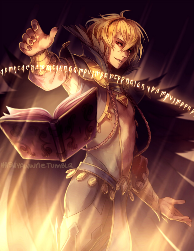 1boy, artist_name, blonde_hair, book, cape, feathers, fire_emblem, fire_emblem_if, hasuyawn, leon_(fire_emblem_if), magic_circle, nail_polish, navel, red_eyes, solo, teeth