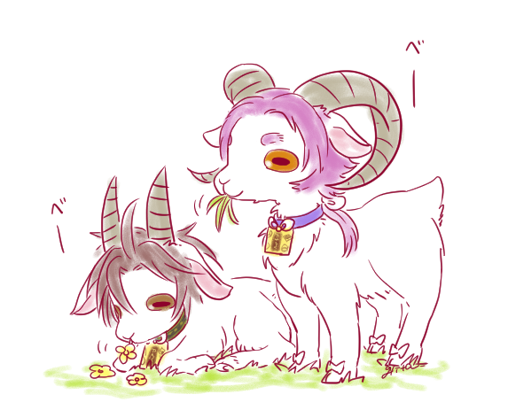 akirumadeyaru, animalization, brown_eyes, collar, eating, flower, goat, grass, horns, no_humans, otegine, tonbokiri_(touken_ranbu), touken_ranbu, yellow_eyes