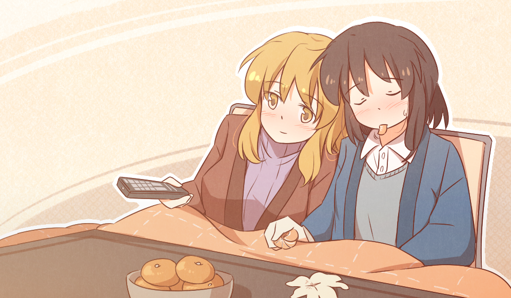 alternate_costume, blonde_hair, bow, brown_eyes, brown_hair, controller, couple, food