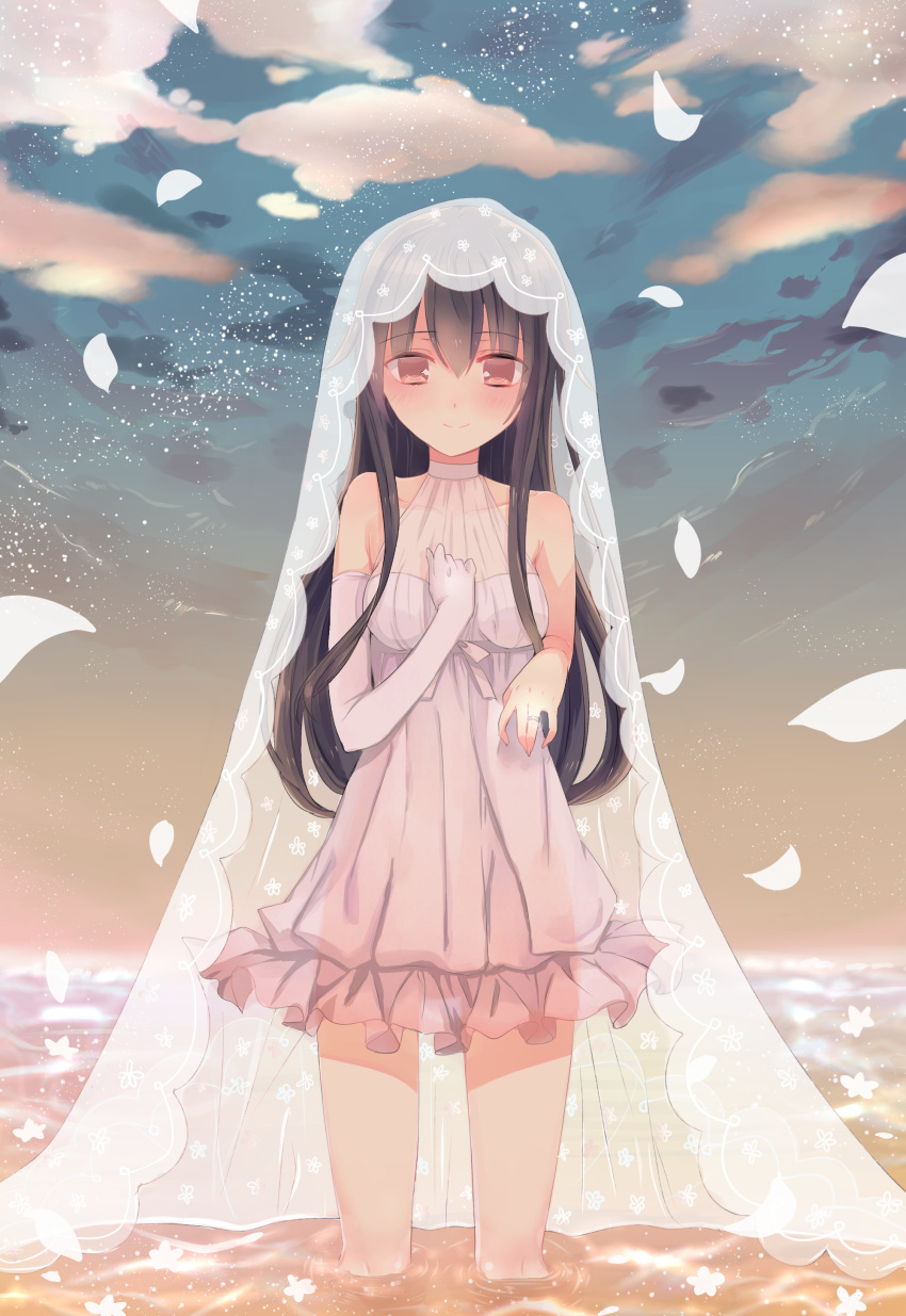 1girl, absurdres, bare_shoulders, black_hair, blue_sky, blush, bridal_veil, dress, elbow_gloves, gloves, hand_on_own_chest, happy, hatsushimo_(kantai_collection), highres, jewelry, kanae_nagiki, kantai_collection, long_hair, looking_at_viewer, ring, sky, smile, solo, veil, wading, wedding_band, wedding_dress, white_gloves