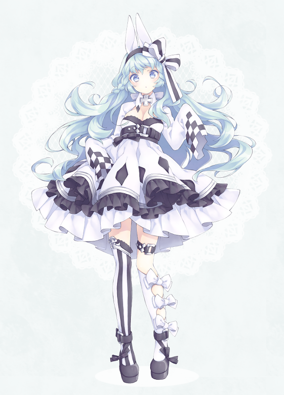 1girl, animal_ears, asymmetrical_legwear, black_shoes, blue_eyes, blue_hair, bow_legwear, braid, detached_collar, dress, frills, full_body, garters, hair_ribbon, hairband, long_hair, original, rabbit_ears, ribbon, shito_(ash_shito), shoes, sleeves_past_wrists, solo, striped, striped_legwear, striped_ribbon, vertical-striped_legwear, vertical_stripes