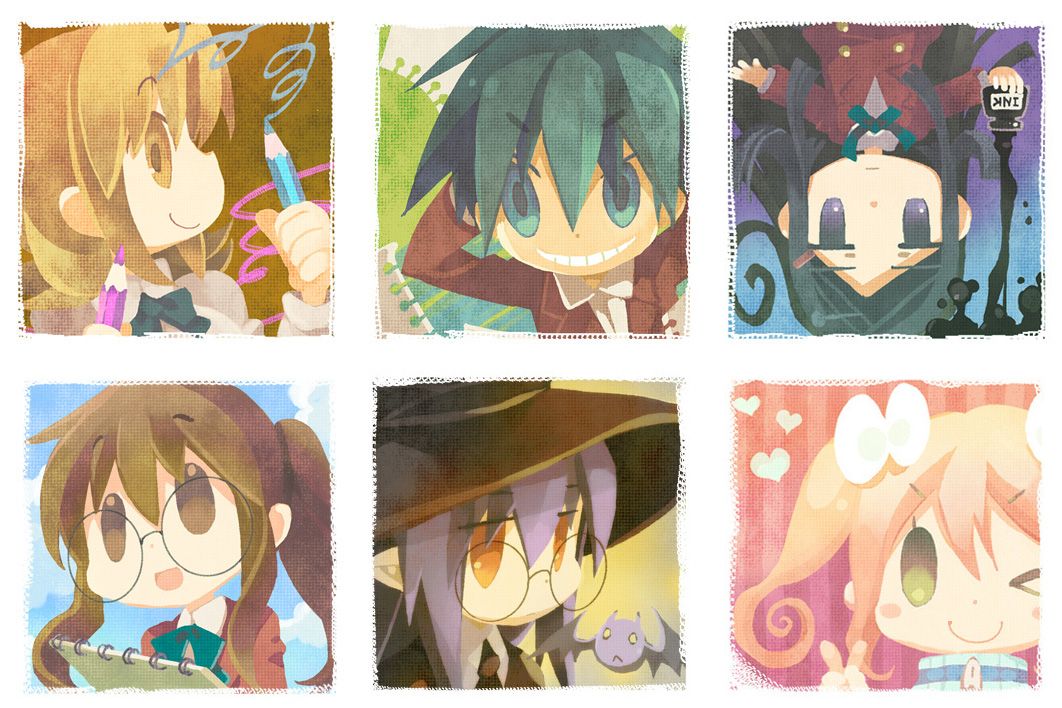 6+girls, bat, black_hair, brown_hair, ga_geijutsuka_art_design_class, glasses, hair_ribbon, hat