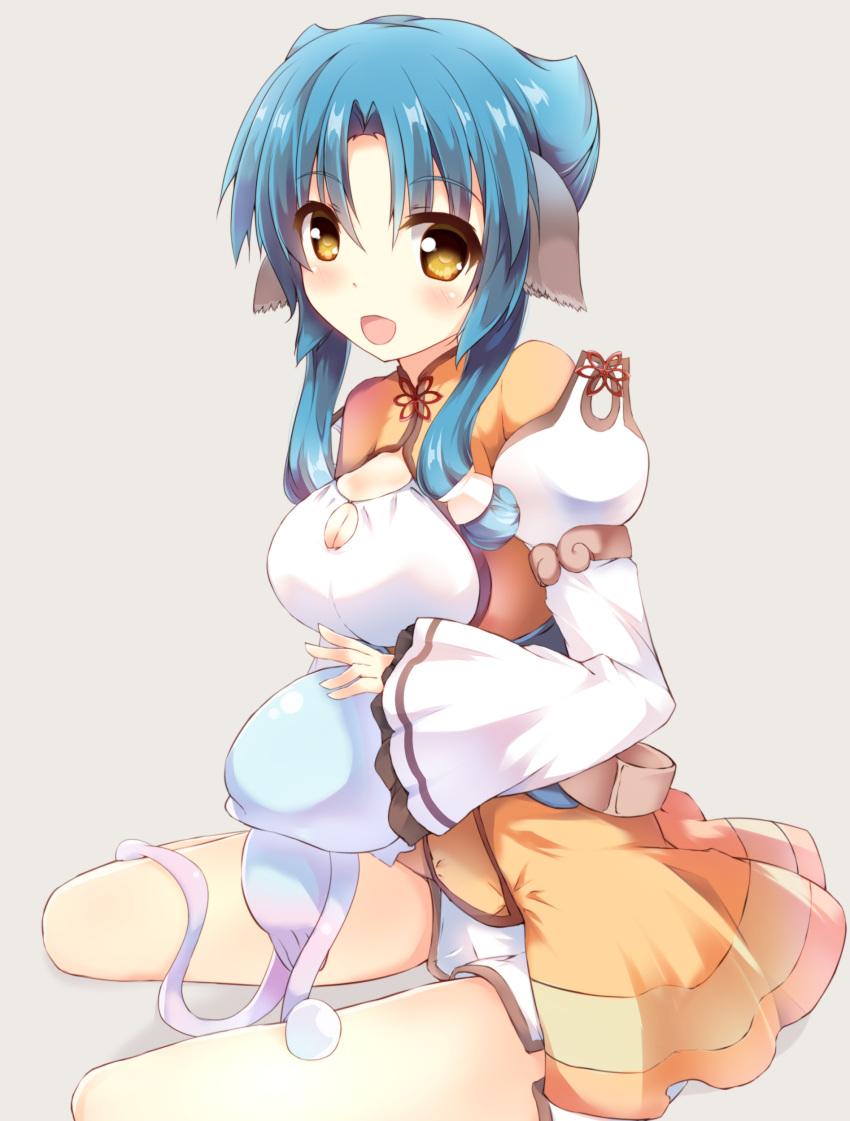 1girl, absurdres, animal_ears, atui_(utawareru_mono), blue_hair, breasts, cleavage, fuuna, grey_background, highres, long_hair, looking_at_viewer, open_mouth, simple_background, solo, utawareru_mono, utawareru_mono:_itsuwari_no_kamen, yellow_eyes