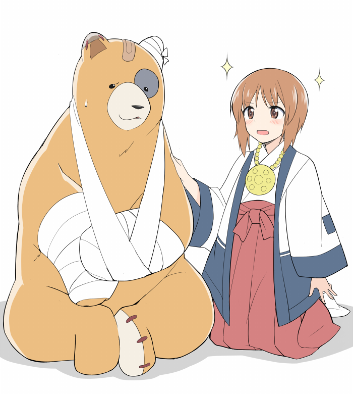 1girl, alternate_costume, bandaged_arm, bandaged_ear, bandages, bandaid, bangs, bear