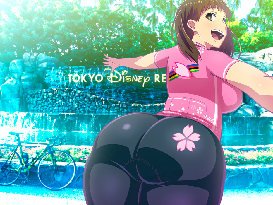 1girl, ass, bicycle, breasts, brown_hair, huge_ass, large_breasts, long_hair, looking_at_viewer, original, smile, solo, tetrodotoxin, thick_thighs, thighs