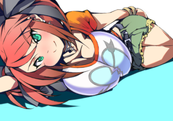 1girl, belt, breasts, cleavage, cross, green_eyes, large_breasts, looking_at_viewer