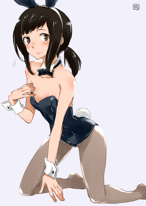 animal_ears, black_hair, bow, bowtie, brown_eyes, bunny_tail, bunnysuit, detached_collar, fubuki_(kantai_collection), kantai_collection, kote_(dew), long_hair, low_ponytail, pantyhose, ponytail, rabbit_ears, tail, wrist_cuffs