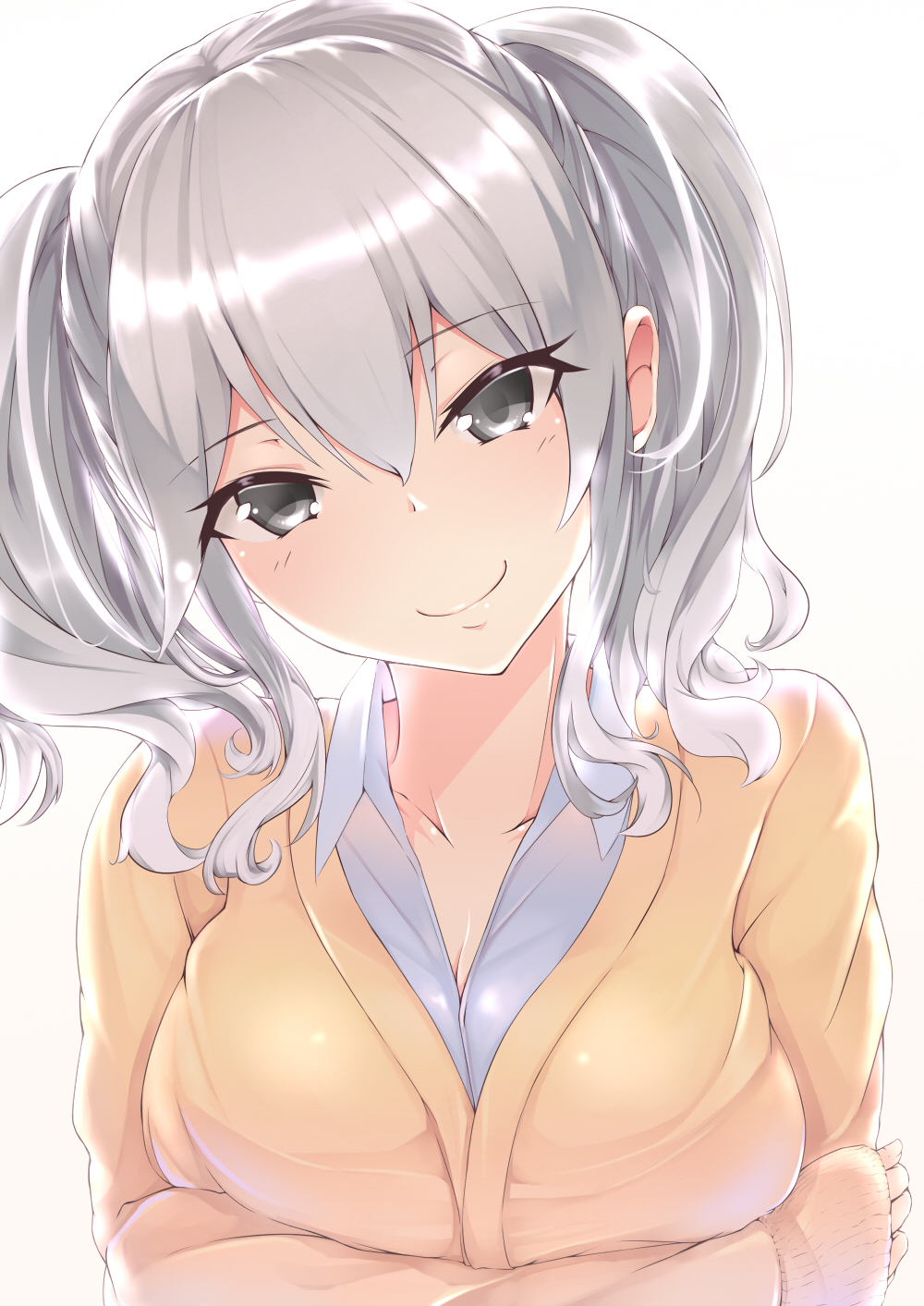 1girl, breasts, cleavage, gradient, gradient_background, grey_eyes, highres, inushi