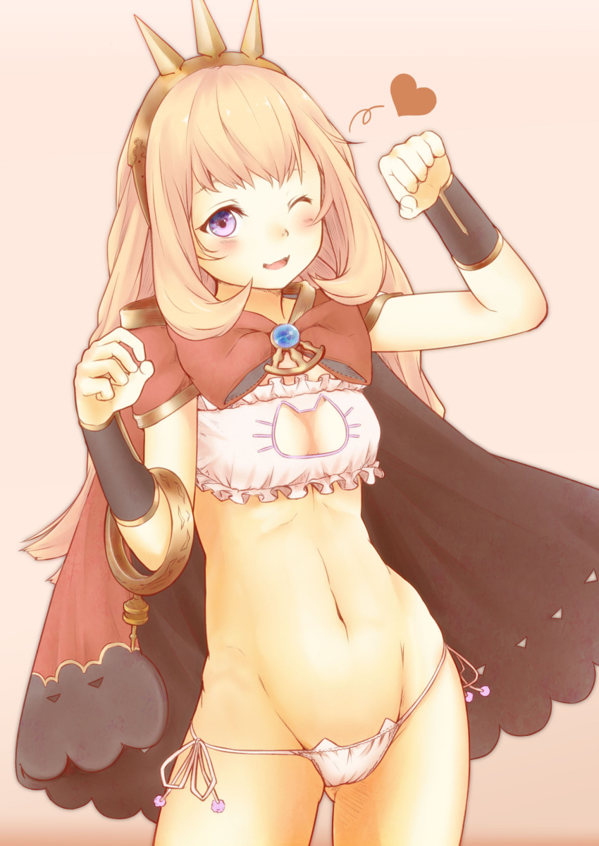1girl, ;), bikini, blonde_hair, bra, cagliostro_(granblue_fantasy), cape, cat_cutout