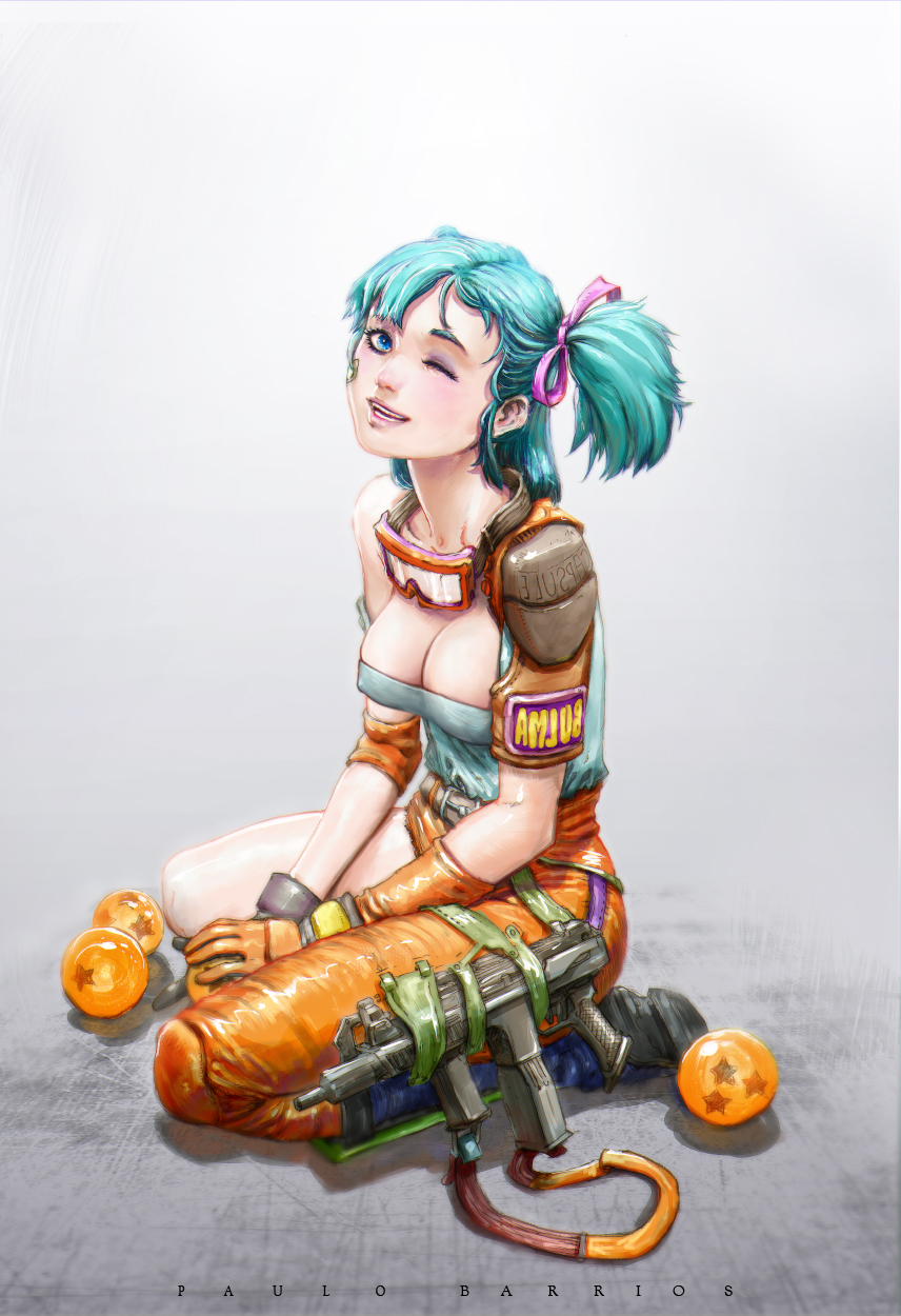 aqua_hair, artist_name, asymmetrical_clothes, bandaid, bandaid_on_face, blue_boots, blue_eyes, boots