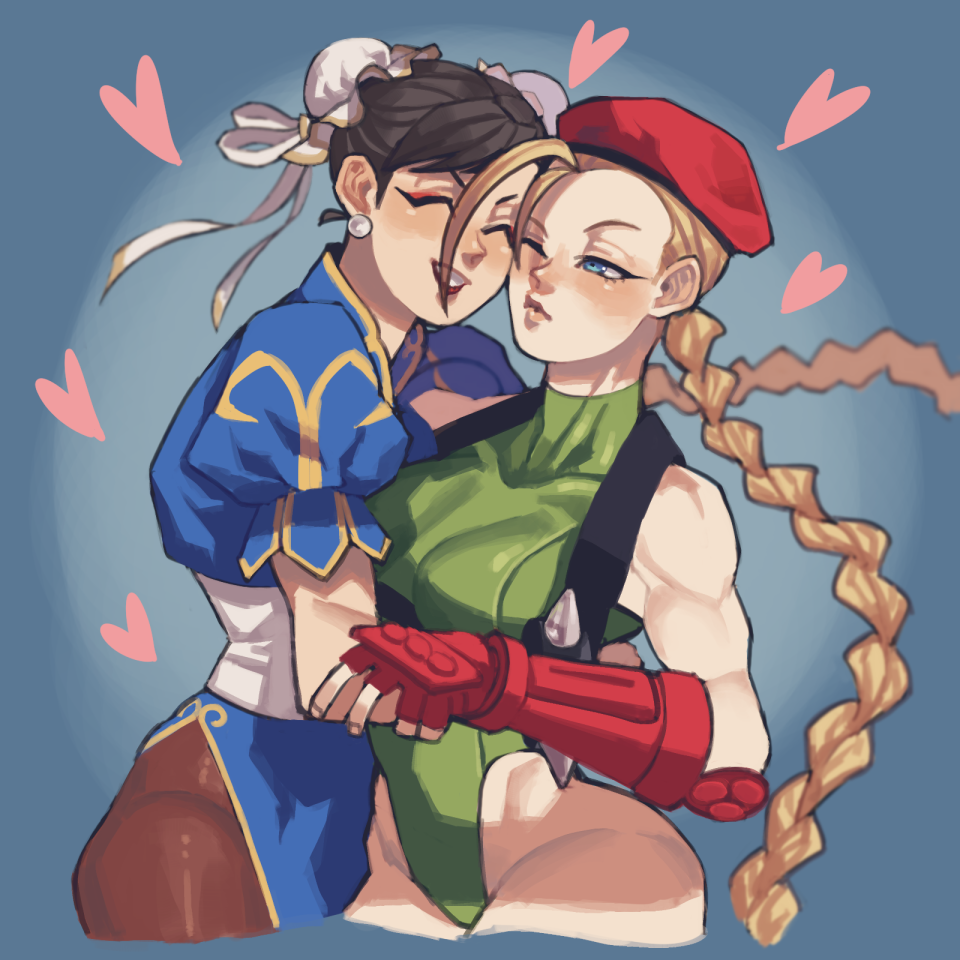 2girls, beret, black_hair, blonde_hair, blue_eyes, braid, cammy_white, china_dress, chinese_clothes, chun-li, closed_eyes, double_bun, dress, earrings, elbow_gloves, fingerless_gloves, gloves, hat, heart, hug, jewelry, leotard, lips, long_hair, multiple_girls, muscle, muscular_female, nappooz, one_eye_closed, pantyhose, red_gloves, smile, street_fighter, twin_braids, upper_body