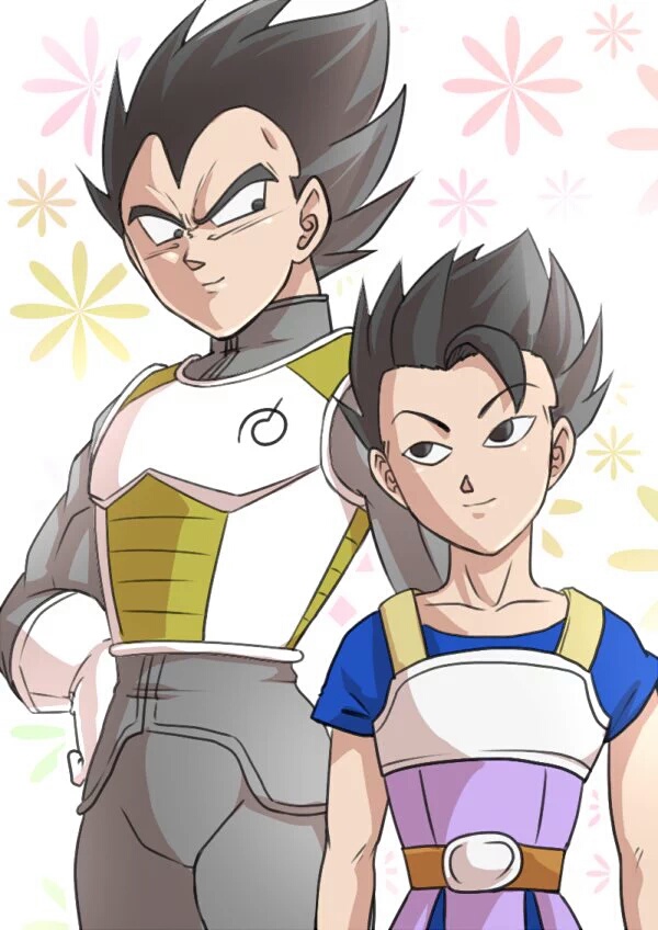 2boys, armor, black_eyes, black_hair, cabba, dragon_ball, dragon_ball_super, floral_background