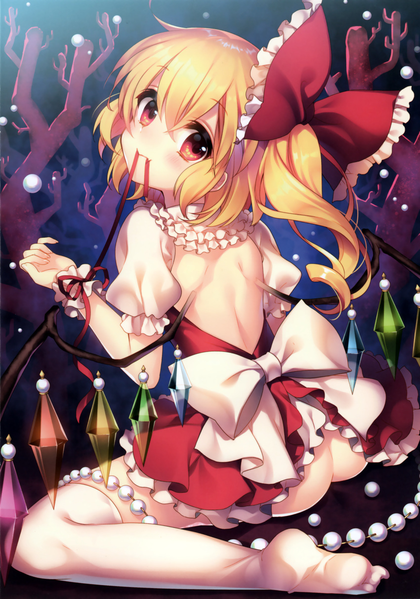 1girl, absurdres, ass, back, back_cutout, beads, blonde_hair, bow