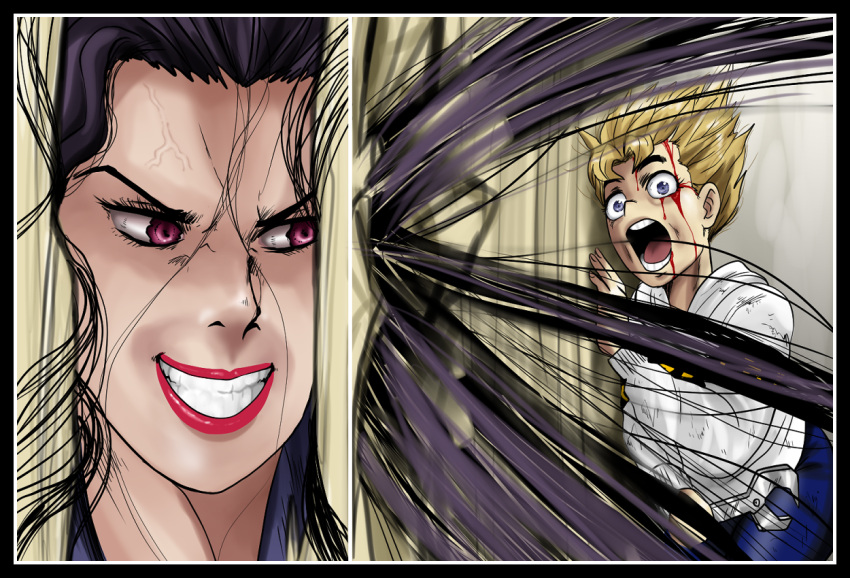 1boy, 1girl, anger_vein, black_hair, blonde_hair, blood, blood_on_face, comic, evil_grin, evil_smile, grin, here's_johnny!, hirose_kouichi, jojo_no_kimyou_na_bouken, lipstick, love_deluxe, makeup, open_mouth, parody, red_eyes, red_lipstick, shimotsuki_kitsune, smile, spiky_hair, stand_(jojo), sweater, the_shining, violet_eyes, wrench, yamagishi_yukako