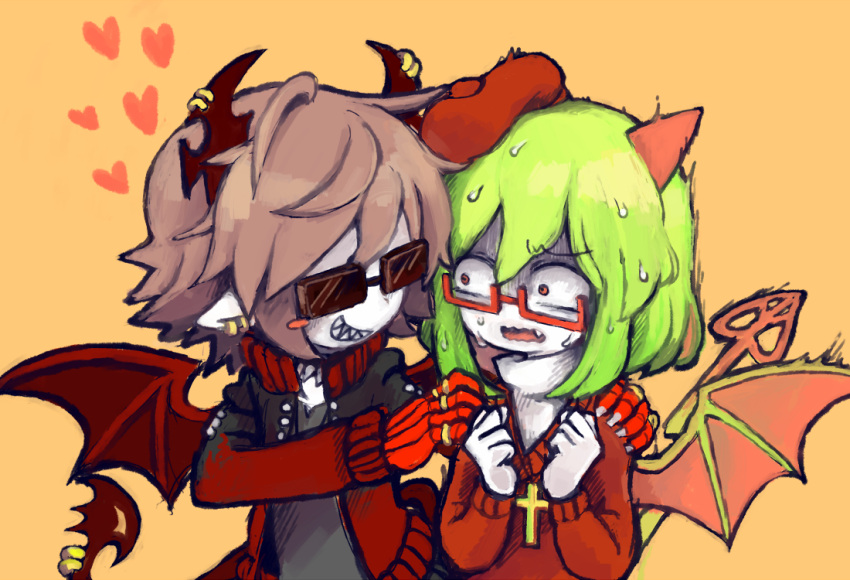 1boy, 1girl, blush_stickers, brown_hair, cross, cross_necklace, demon_boy, demon_girl