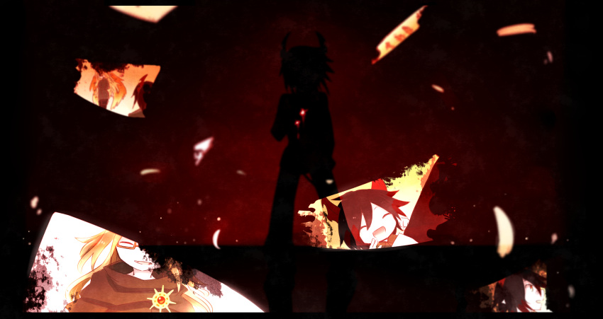 2boys, black_hair, demon_horns, demon_wings, father_and_son, glasses, haiiro_teien, highres