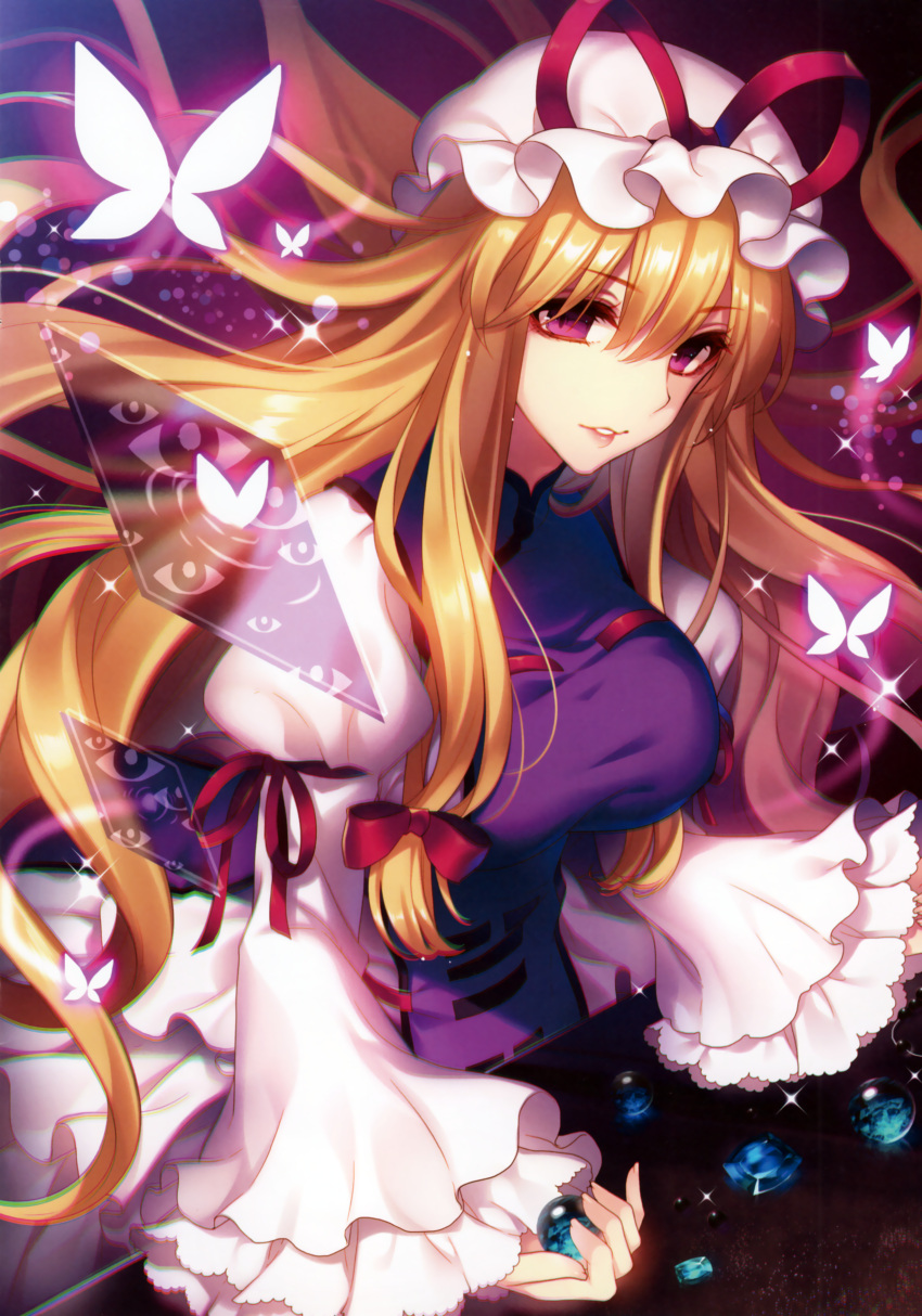 1girl, absurdres, blonde_hair, bow, butterfly, chromatic_aberration, dress, dutch_angle, eyes, hair_bow, hair_ornament, hat, hat_ribbon, highres, long_hair, long_sleeves, looking_at_viewer, masaru.jp, mob_cap, obsidian_rock, parted_lips, puffy_sleeves, ribbon, scan, smile, solo, sparkle, tabard, touhou, violet_eyes, white_dress, wide_sleeves, yakumo_yukari
