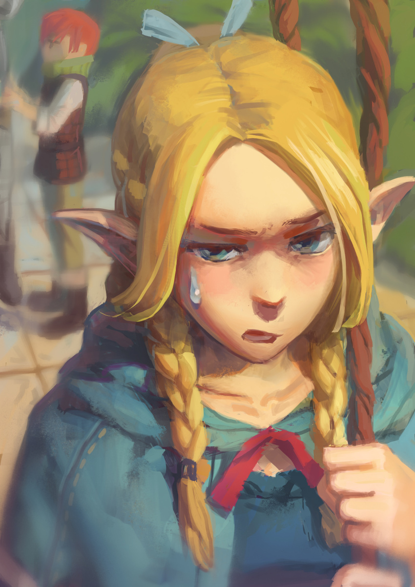 1boy, 1girl, absurdres, blonde_hair, blurry, braid, choker, depth_of_field, dungeon_meshi, elf, highres, long_hair, looking_at_viewer, marushiru, pointy_ears, shadowzsss, staff, sweatdrop, tirchac_(dungeon_meshi), twin_braids