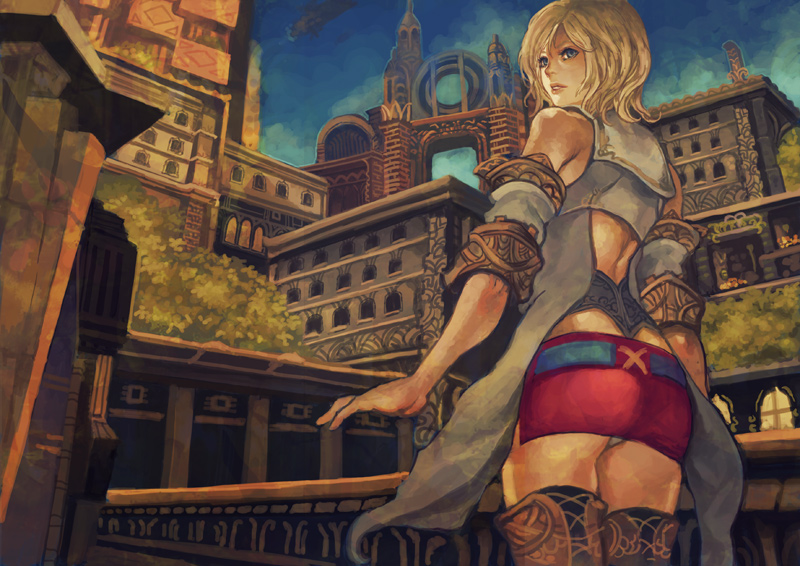 1girl, armor, ashelia_b'nargin_dalmasca, belt, blonde_hair, breasts, final_fantasy, final_fantasy_xii, langewong, miniskirt, short_hair, skirt, solo, thigh-highs